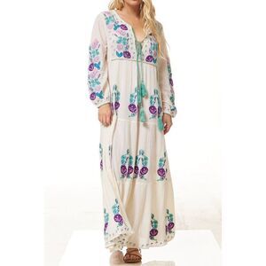 Blue Boheme Lara Embroidered Lightweight Natural Flowy Silhouette Maxi Dress M/L